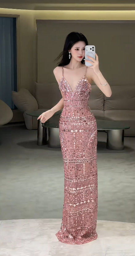 Gorgeous Pink Prom Dress Straps Sheath Beaded Long Prom Dress ED09319