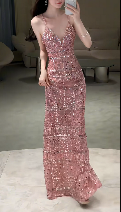 Gorgeous Pink Prom Dress Straps Sheath Beaded Long Prom Dress ED09319