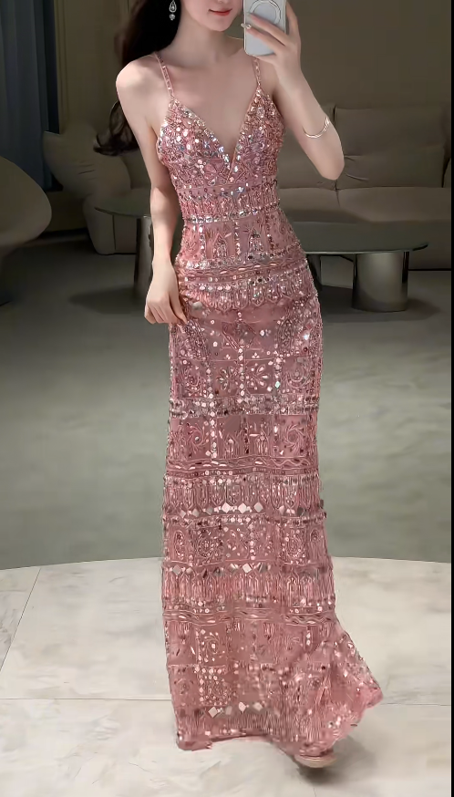 Gorgeous Pink Prom Dress Straps Sheath Beaded Long Prom Dress ED09319