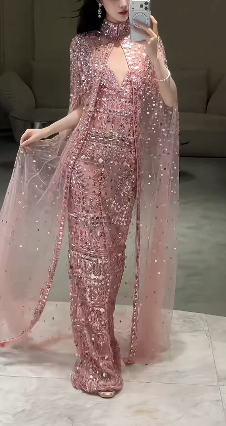Gorgeous Pink Prom Dress Straps Sheath Beaded Long Prom Dress ED09319