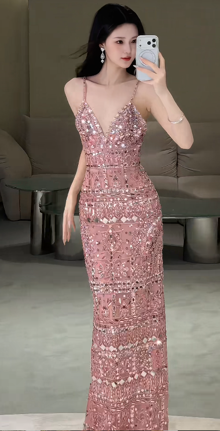 Gorgeous Pink Prom Dress Straps Sheath Beaded Long Prom Dress ED09319