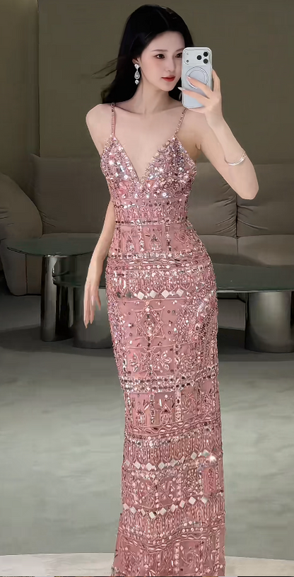 Gorgeous Pink Prom Dress Straps Sheath Beaded Long Prom Dress ED09319