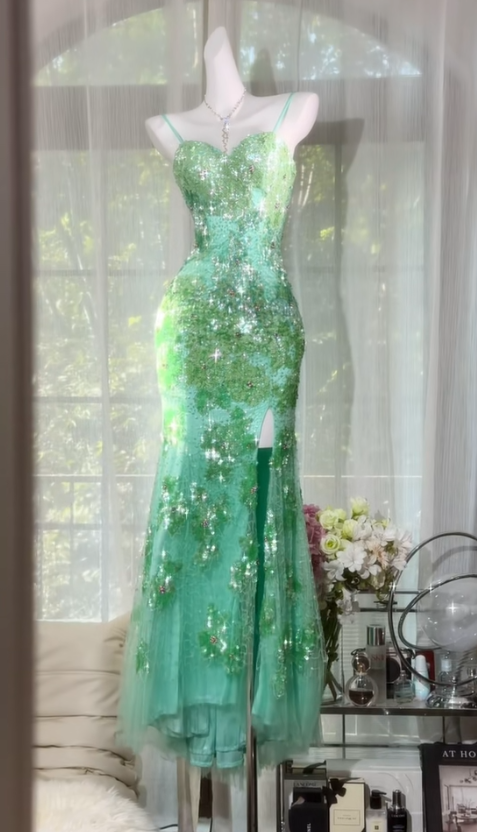 Gorgeous Green Prom Dress Strapless Sheath Beaded Chiffon Long Prom Dress ED09320