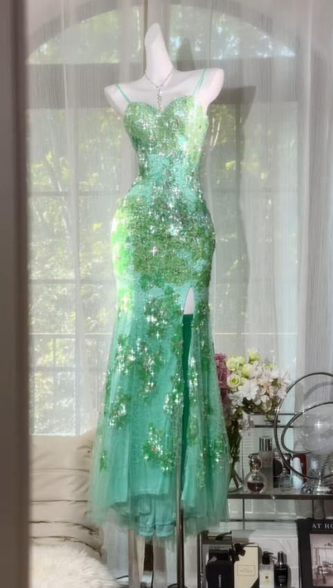 Gorgeous Green Prom Dress Strapless Sheath Beaded Chiffon Long Prom Dress ED09320