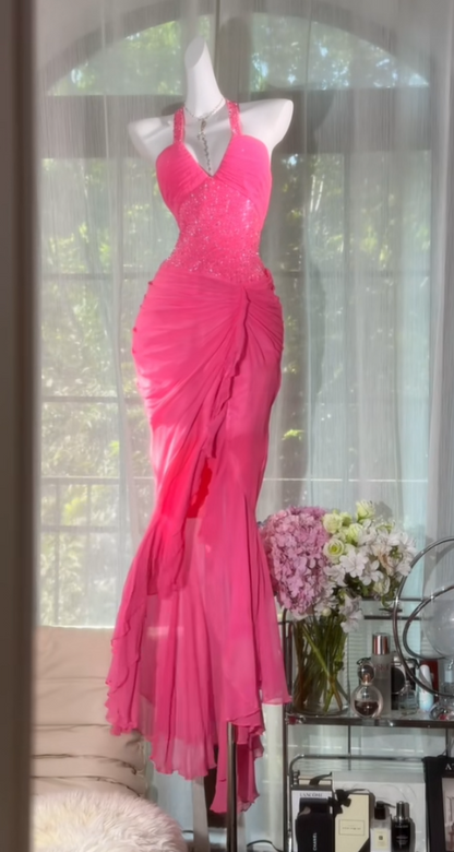 Beautiful Pink Halter Sheath Chiffon Long Prom Dress ED09321
