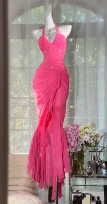 Beautiful Pink Halter Sheath Chiffon Long Prom Dress ED09321