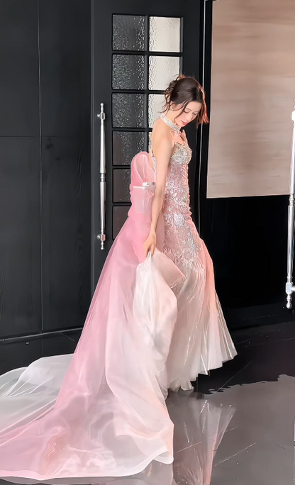 Gorgeous Pink Prom Dress Sweetheart Mermaid Tulle Beaded Long Evening Dress ED09326