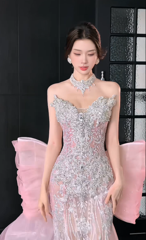 Gorgeous Pink Prom Dress Sweetheart Mermaid Tulle Beaded Long Evening Dress ED09326