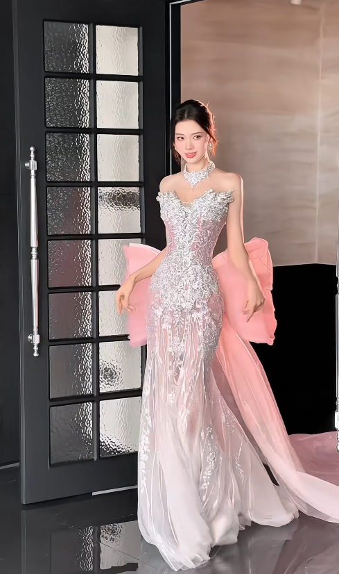 Gorgeous Pink Prom Dress Sweetheart Mermaid Tulle Beaded Long Evening Dress ED09326
