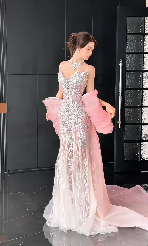 Gorgeous Pink Prom Dress Sweetheart Mermaid Tulle Beaded Long Evening Dress ED09326