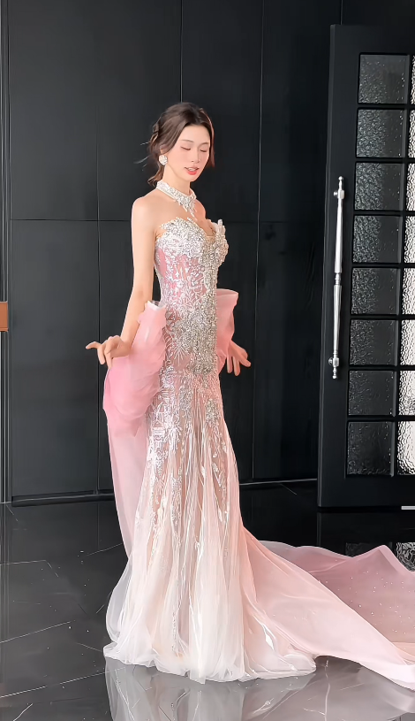 Gorgeous Pink Prom Dress Sweetheart Mermaid Tulle Beaded Long Evening Dress ED09326