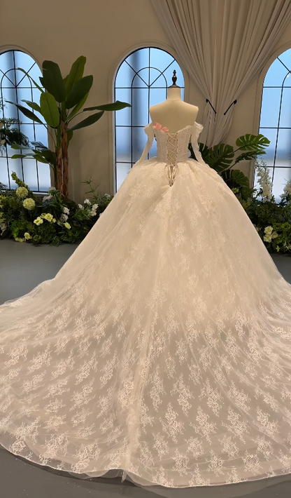 Gorgeous White Wedding Dress Off-shoulder Lace Birdal Dress A-Line Bridal Gown ED09333