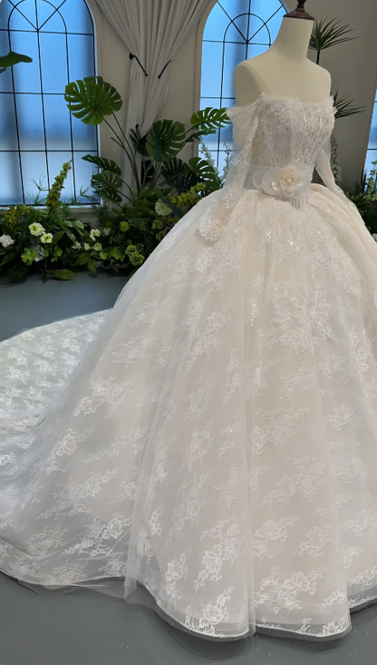 Gorgeous White Wedding Dress Off-shoulder Lace Birdal Dress A-Line Bridal Gown ED09333