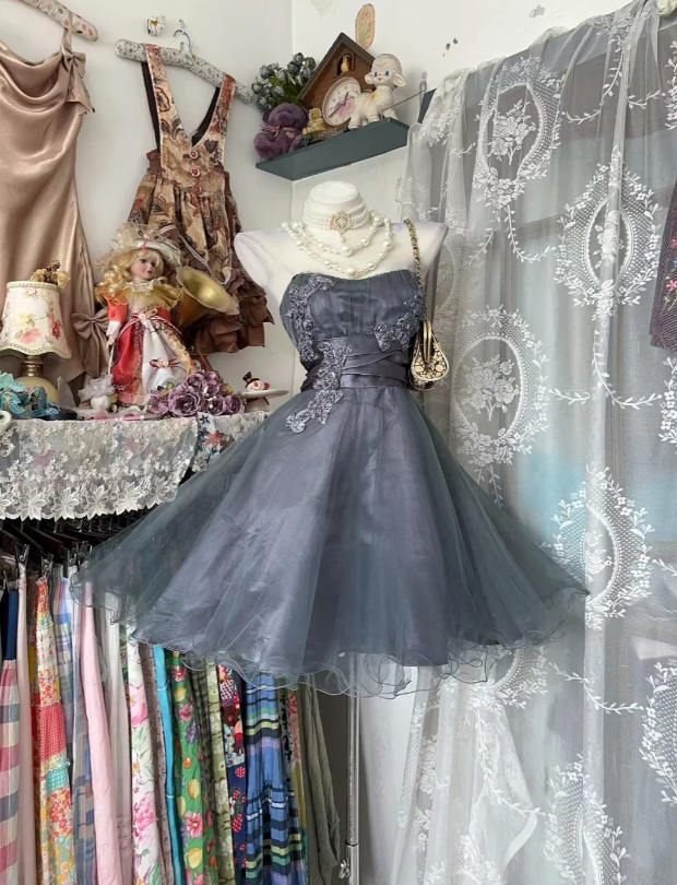Gorgeous Blue Grey Short Prom Dress A-Line Birthday Dress Strapless Tulle Dress for Party  ED09334