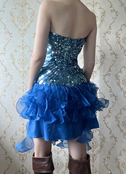 Gorgeous Blue Hoco Dress Sheath Birthday Dress Strapless Chiffon Sequins Dress for Party ED09335
