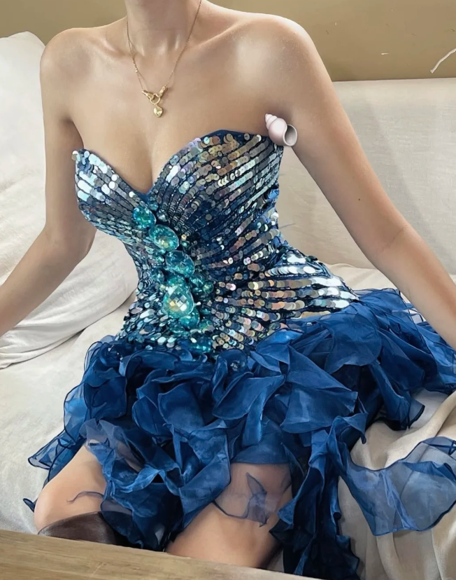 Gorgeous Blue Hoco Dress Sheath Birthday Dress Strapless Chiffon Sequins Dress for Party ED09335