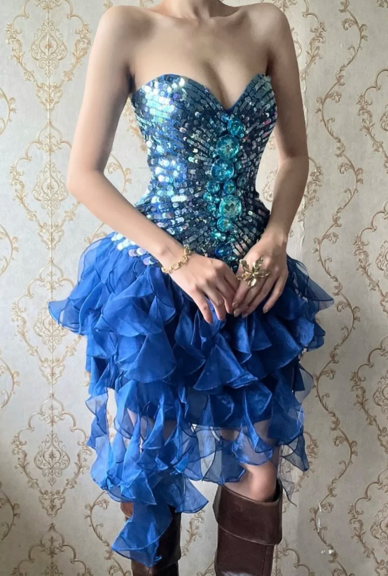 Gorgeous Blue Hoco Dress Sheath Birthday Dress Strapless Chiffon Sequins Dress for Party ED09335