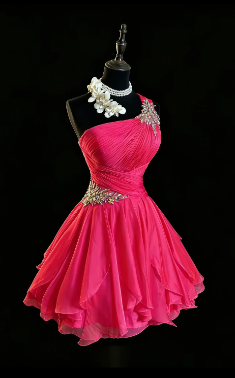 Fashion Hot Pink Hoco Dress A-Line Birthday Dress One-shoulder Chiffon Dress for Party ED09346