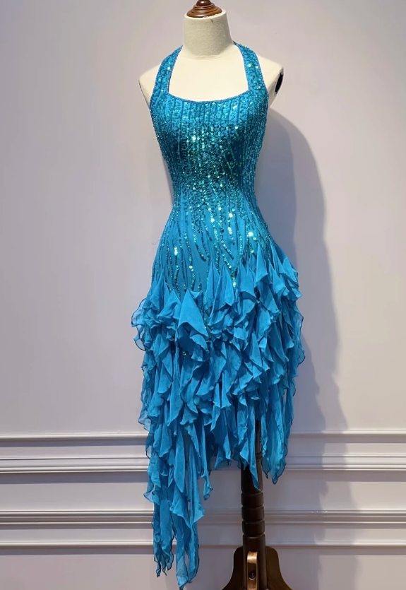Fashion Blue Hoco Dress Sheath Birthday Dress Straps Chiffon Sequins Dress for Party ED09349