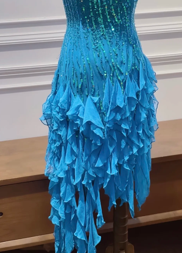 Fashion Blue Hoco Dress Sheath Birthday Dress Straps Chiffon Sequins Dress for Party ED09349