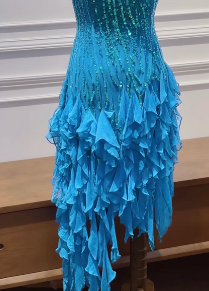 Fashion Blue Hoco Dress Sheath Birthday Dress Straps Chiffon Sequins Dress for Party ED09349