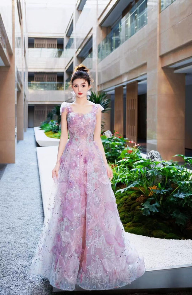 Lila A-Linie Tüll Pailletten Langes Ballkleid, Lila Abendkleid ED0935