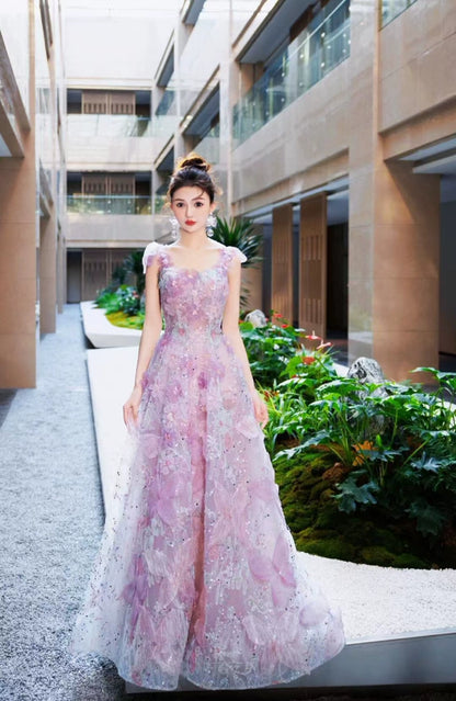 Lila A-Linie Tüll Pailletten Langes Ballkleid, Lila Abendkleid ED0935