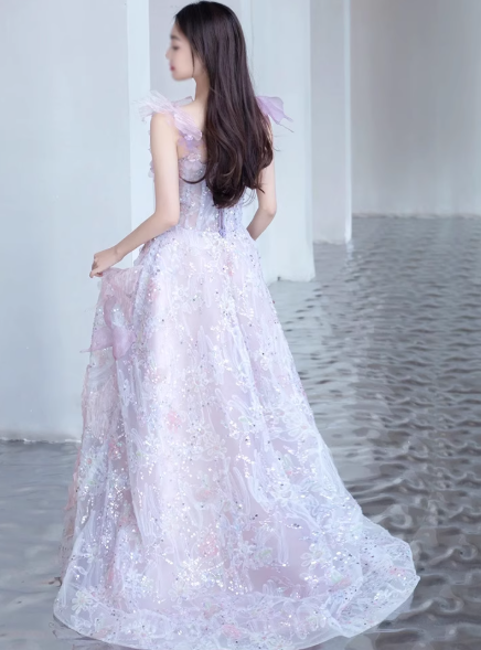 Purple A-line  Tulle Sequined Long Prom Dress,Purple Evening Dress ED0935