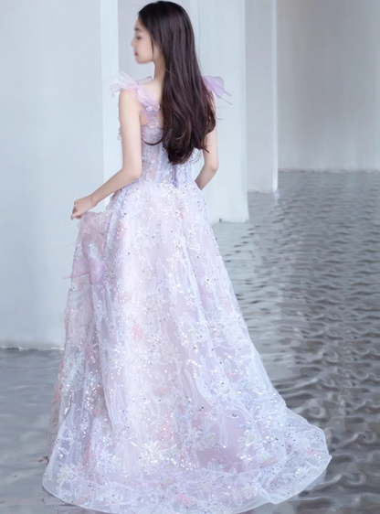 Purple A-line  Tulle Sequined Long Prom Dress,Purple Evening Dress ED0935
