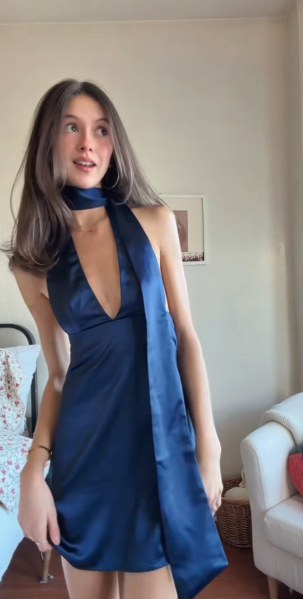 Fashion Blue Hoco Dress Sheath Birthday Dress V-neck Satin Dress for Party ED09351