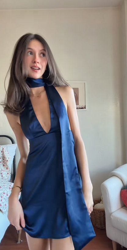 Fashion Blue Hoco Dress Sheath Birthday Dress V-neck Satin Dress for Party ED09351