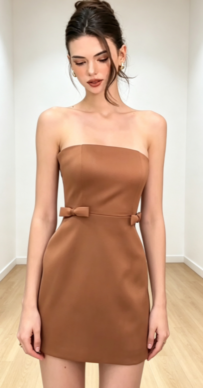 Fashion Brown Hoco Dress Sheath Birthday Dress Strapless Satin Dress for Party ED09352