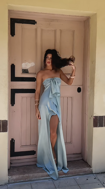 Fashion Blue Prom Dress Sheath Wedding Guest Dress Strapless Satin Dress Evening Dress ED09354