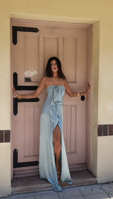 Fashion Blue Prom Dress Sheath Wedding Guest Dress Strapless Satin Dress Evening Dress ED09354