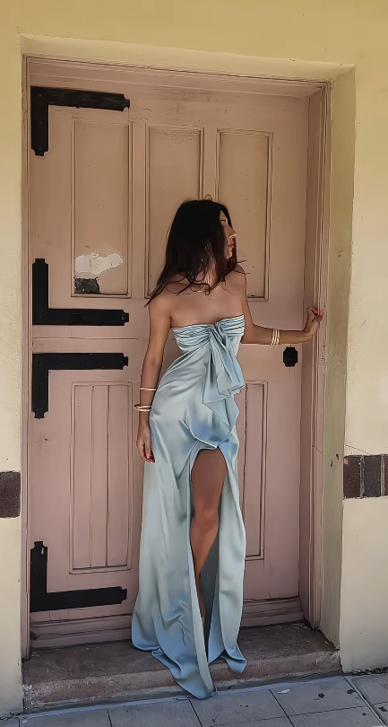 Fashion Blue Prom Dress Sheath Wedding Guest Dress Strapless Satin Dress Evening Dress ED09354