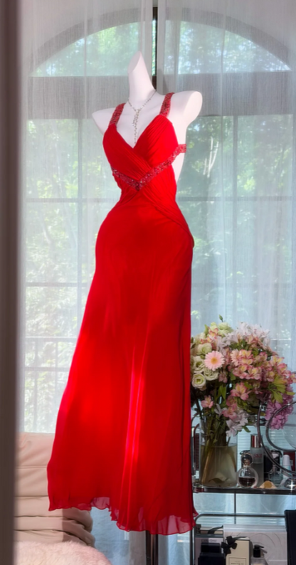 Fashion Red Prom Dress Sheath Straps Chiffon Long Evening Dress ED09359