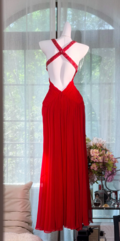 Fashion Red Prom Dress Sheath Straps Chiffon Long Evening Dress ED09359