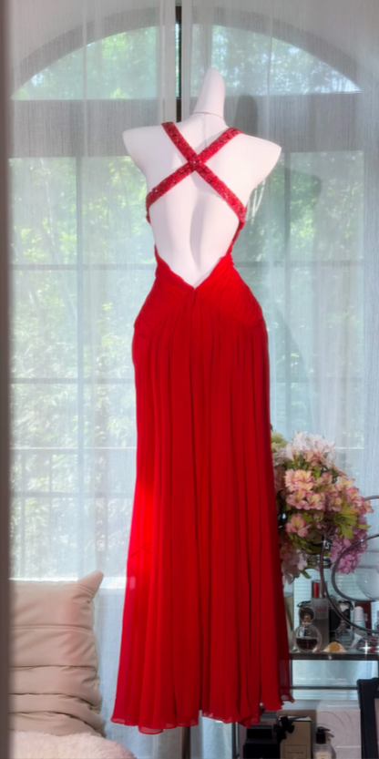 Fashion Red Prom Dress Sheath Straps Chiffon Long Evening Dress ED09359