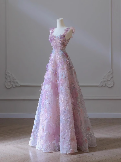 Lila A-Linie Tüll Pailletten Langes Ballkleid, Lila Abendkleid ED0935