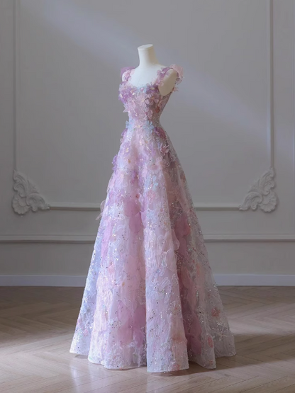Lila A-Linie Tüll Pailletten Langes Ballkleid, Lila Abendkleid ED0935