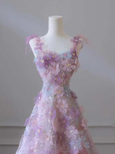Lila A-Linie Tüll Pailletten Langes Ballkleid, Lila Abendkleid ED0935