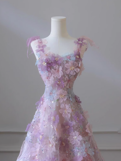 Lila A-Linie Tüll Pailletten Langes Ballkleid, Lila Abendkleid ED0935
