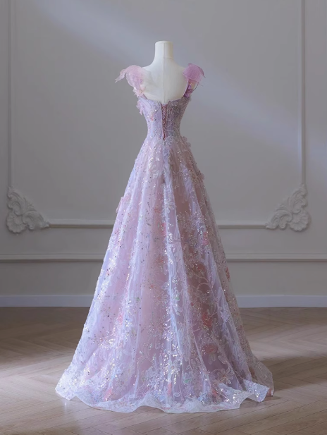 Lila A-Linie Tüll Pailletten Langes Ballkleid, Lila Abendkleid ED0935