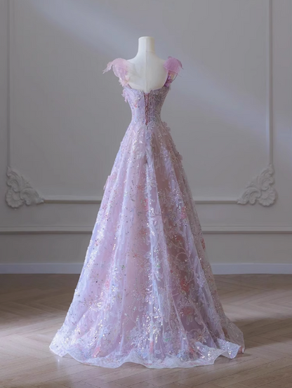 Lila A-Linie Tüll Pailletten Langes Ballkleid, Lila Abendkleid ED0935