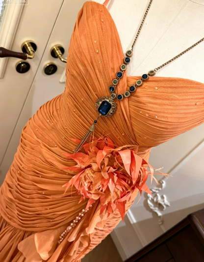 Fashion Orange Prom Dress Sheath Straps Chiffon Long Evening Dress ED09360