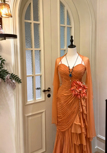 Fashion Orange Prom Dress Sheath Straps Chiffon Long Evening Dress ED09360