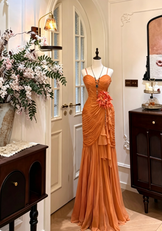 Fashion Orange Prom Dress Sheath Straps Chiffon Long Evening Dress ED09360