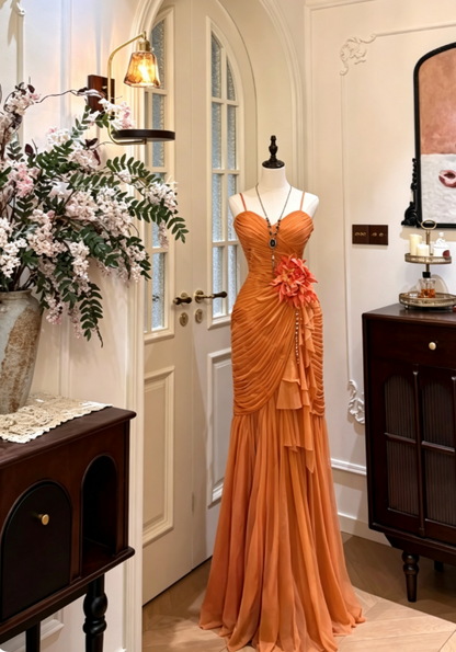 Fashion Orange Prom Dress Sheath Straps Chiffon Long Evening Dress ED09360