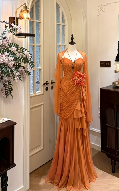 Fashion Orange Prom Dress Sheath Straps Chiffon Long Evening Dress ED09360