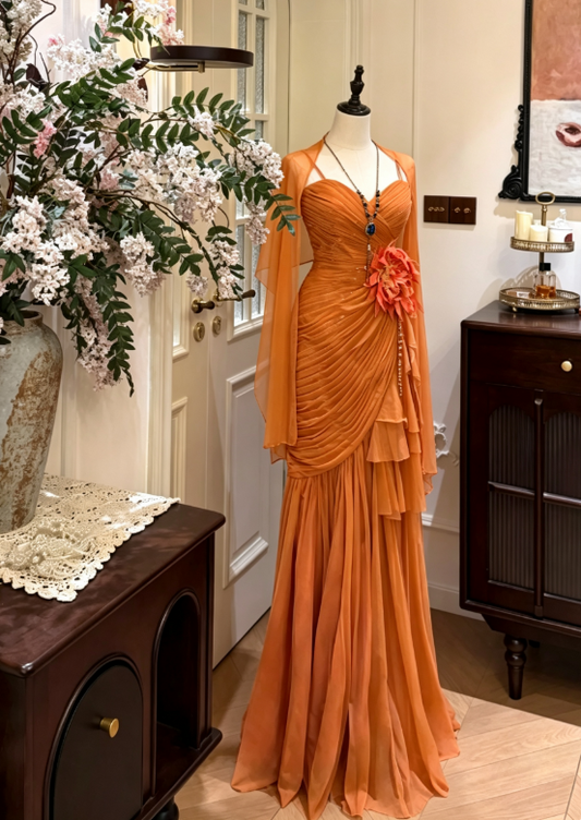 Fashion Orange Prom Dress Sheath Straps Chiffon Long Evening Dress ED09360